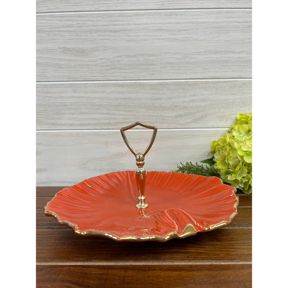 Vintage Funky Orange and Gold California Pottery Tidbit Tray / Sandwich Platter - Picture 2 of 8